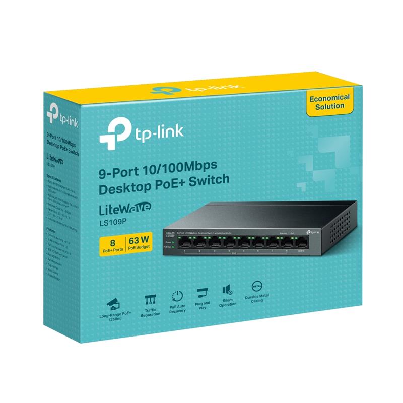 Tp-Link LS109P 8 Port 10/100 +1 Port RJ45 Up Link 63W 250 Metre Poe Mesafe Metal Kasa Switch