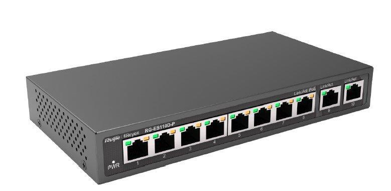 Ruijie Reyee RG-ES110D-P 8 Port 10/100 + 2X Gigabit RJ45 Up link Metal Kasa 110W Poe Switch